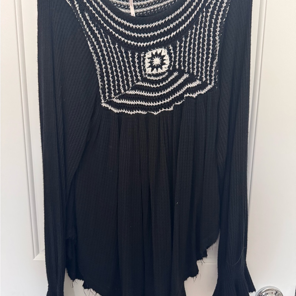 Free People Black and White Asymmetrical Embellished Blouse
